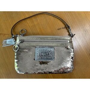Coach Poppy Sequin Wristlet Gold Metallic Leopard Print Lining Bag 44044